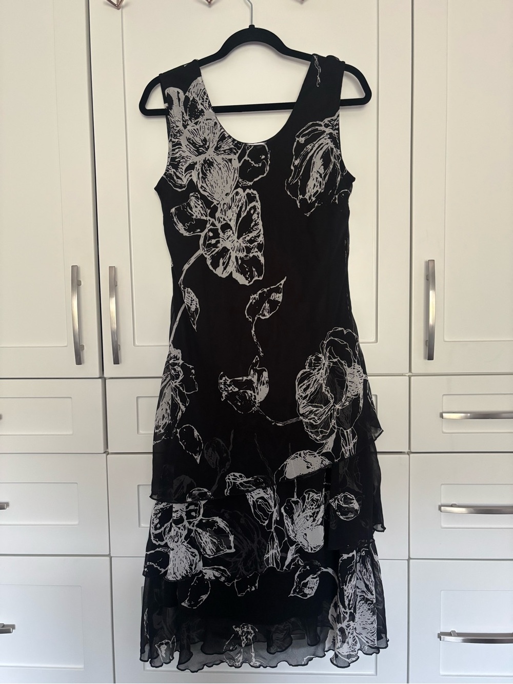 Black Floral Tiered Midi Dress by
